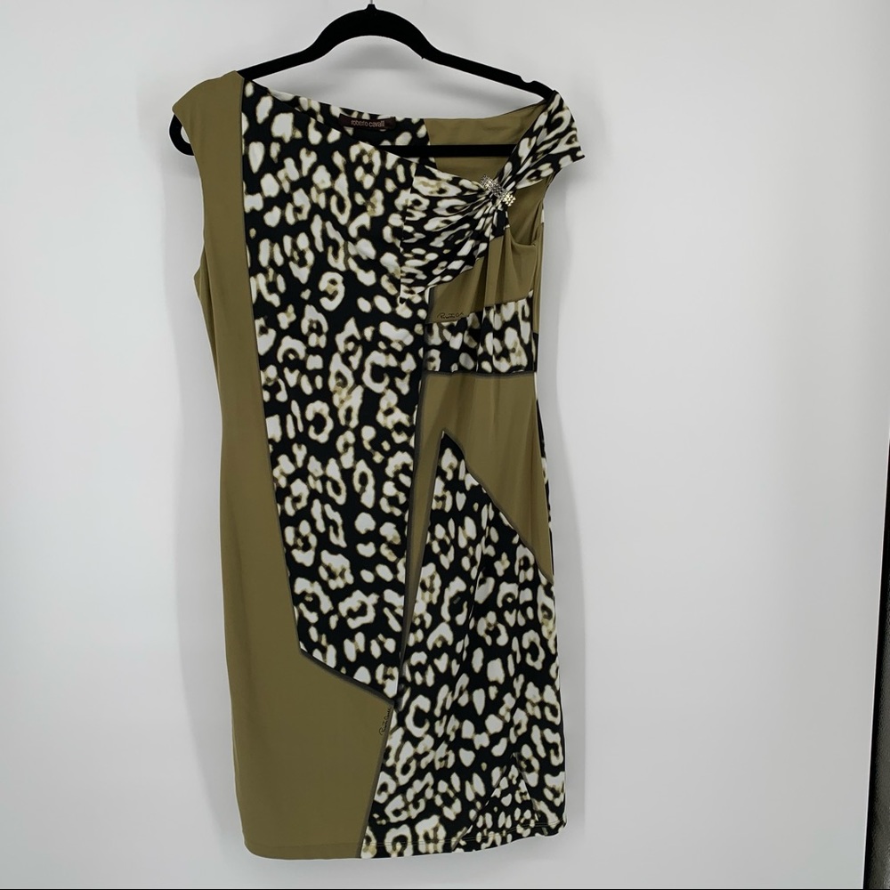ROBERTO CAVALLI Women’s Midi Sleeveless Dress Green Black White Nylon Elastane